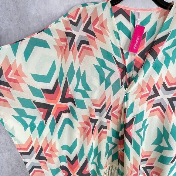 Kimono Cardigan Womens Size S/M Aztec Ivory Open Boxy Fringe Bohemian Cover Up - Picture 3 of 13